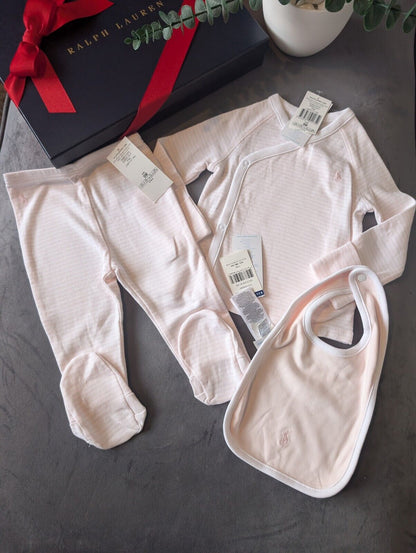 New Ralph Lauren Baby Girl 3 Piece Set Pants Top + Bib Pink Stripe Gift 6-9m