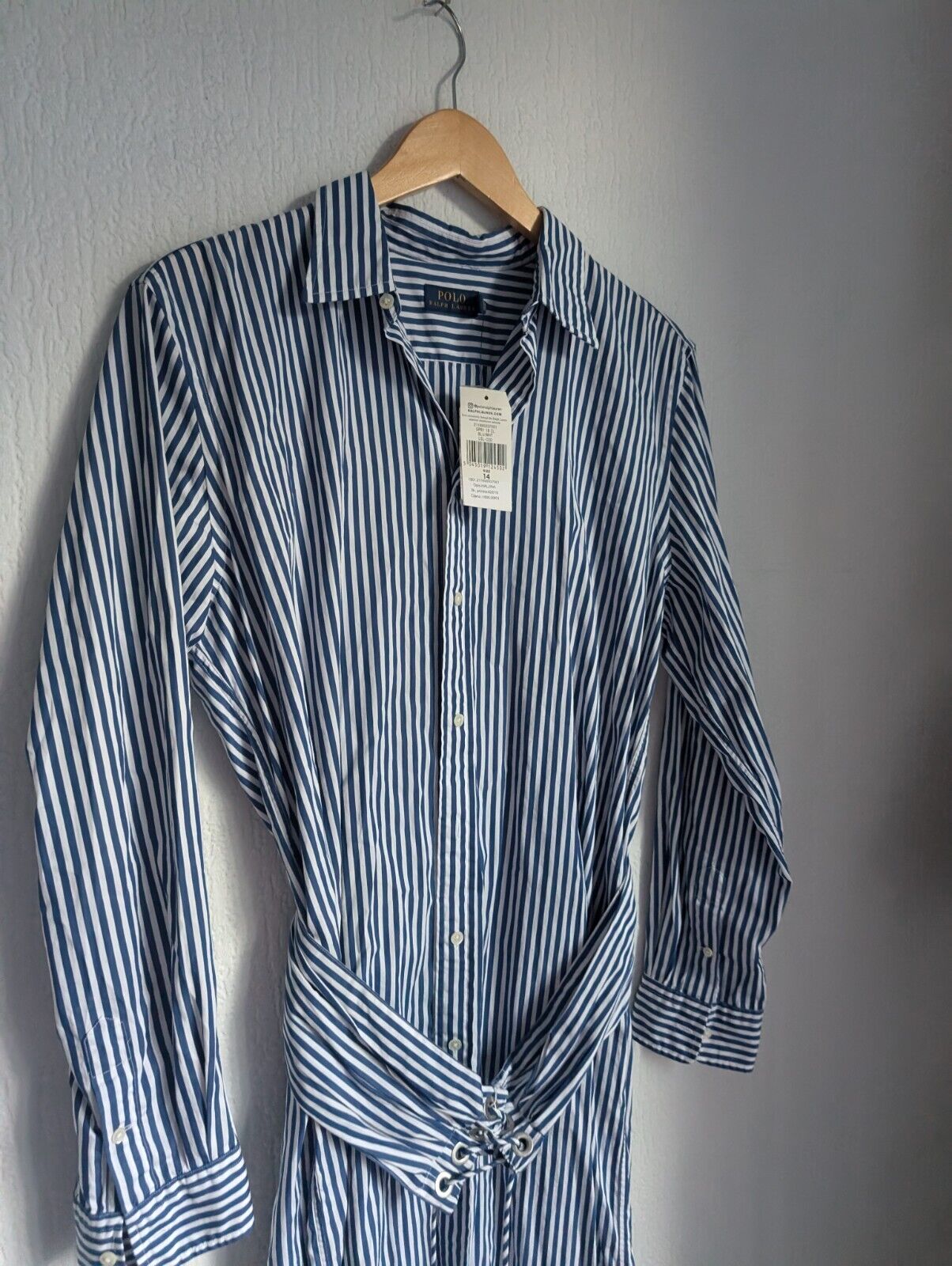 New Polo Ralph Lauren Poplin Shirt Dress Belted Smart UK 14 £175 Blue Stripe