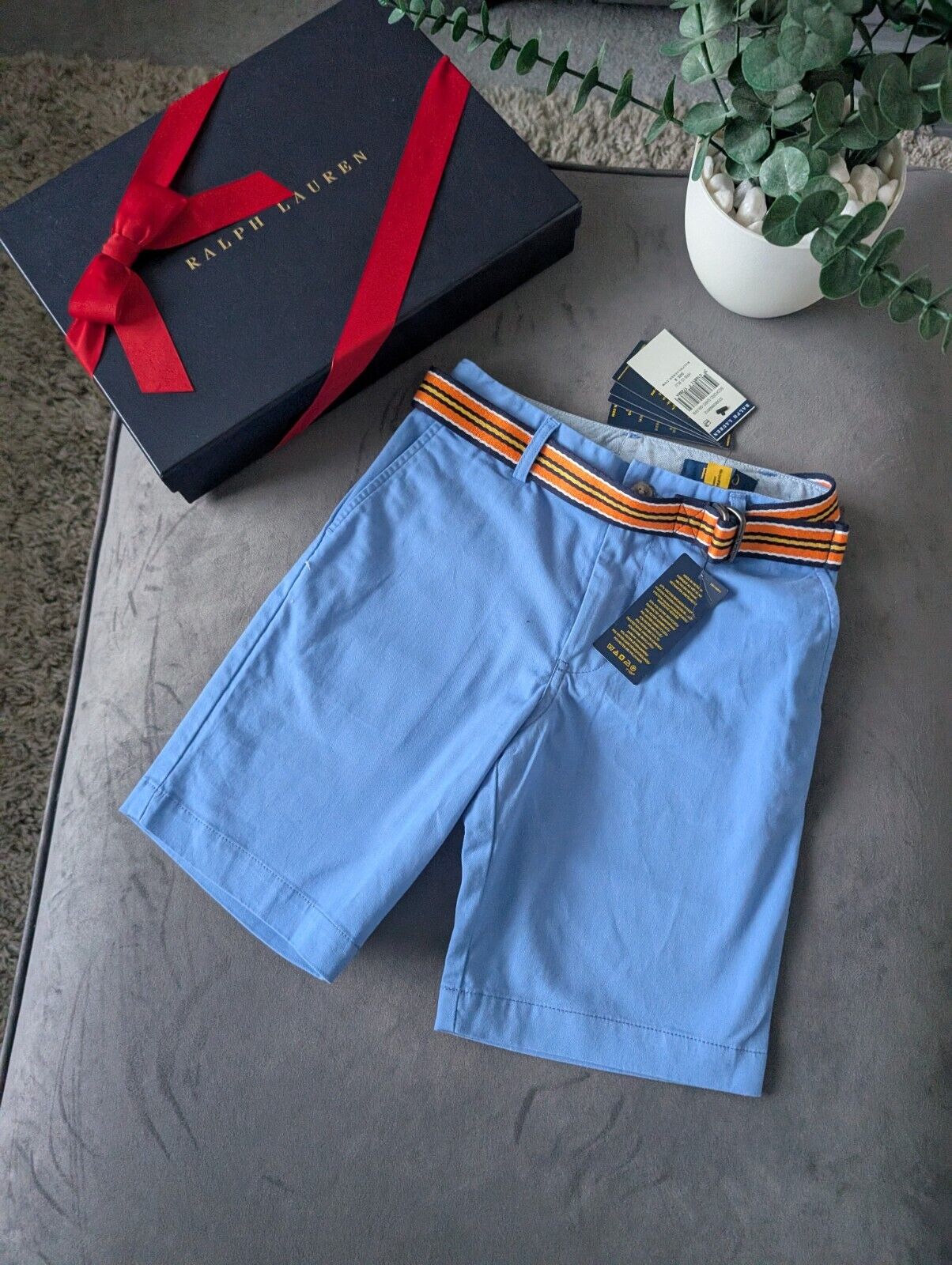 New Ralph Lauren Boys Blue Chino Shorts + Belt Smart Gift Age 8 Casual Summer