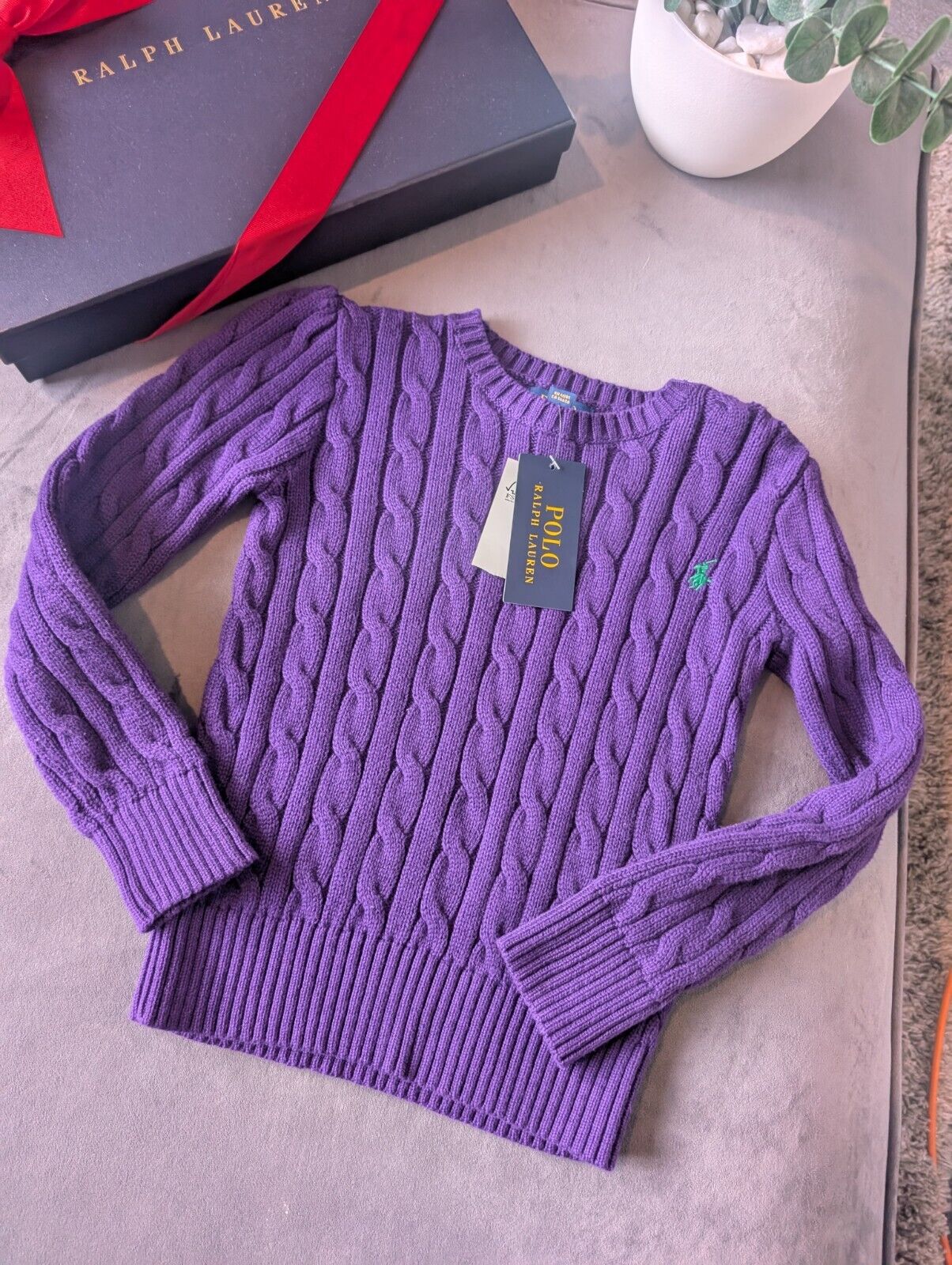 New Polo by Ralph Lauren Cable Knit Jumper Purple Boys 5 Years Gift Winter