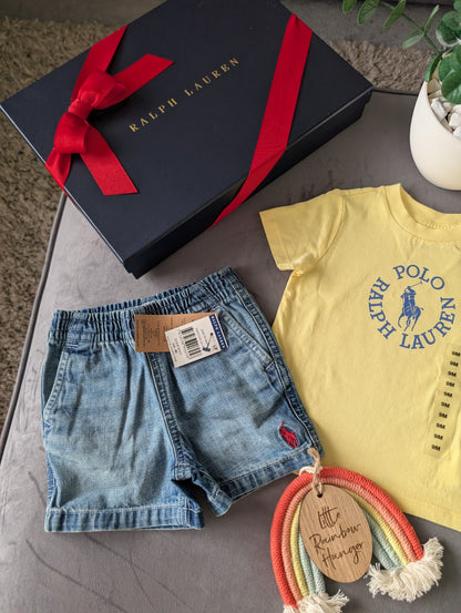 New polo Ralph Lauren baby t shirt Yellow + Denim Shorts 6-9m gift pony Logo