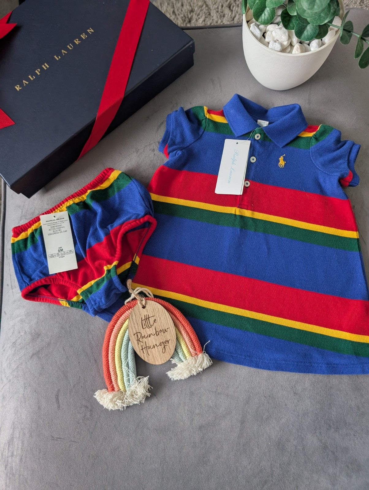 New Ralph Lauren Girls Blue Stripe Dress + Bloomers Summer 3-6m Multi Rainbow