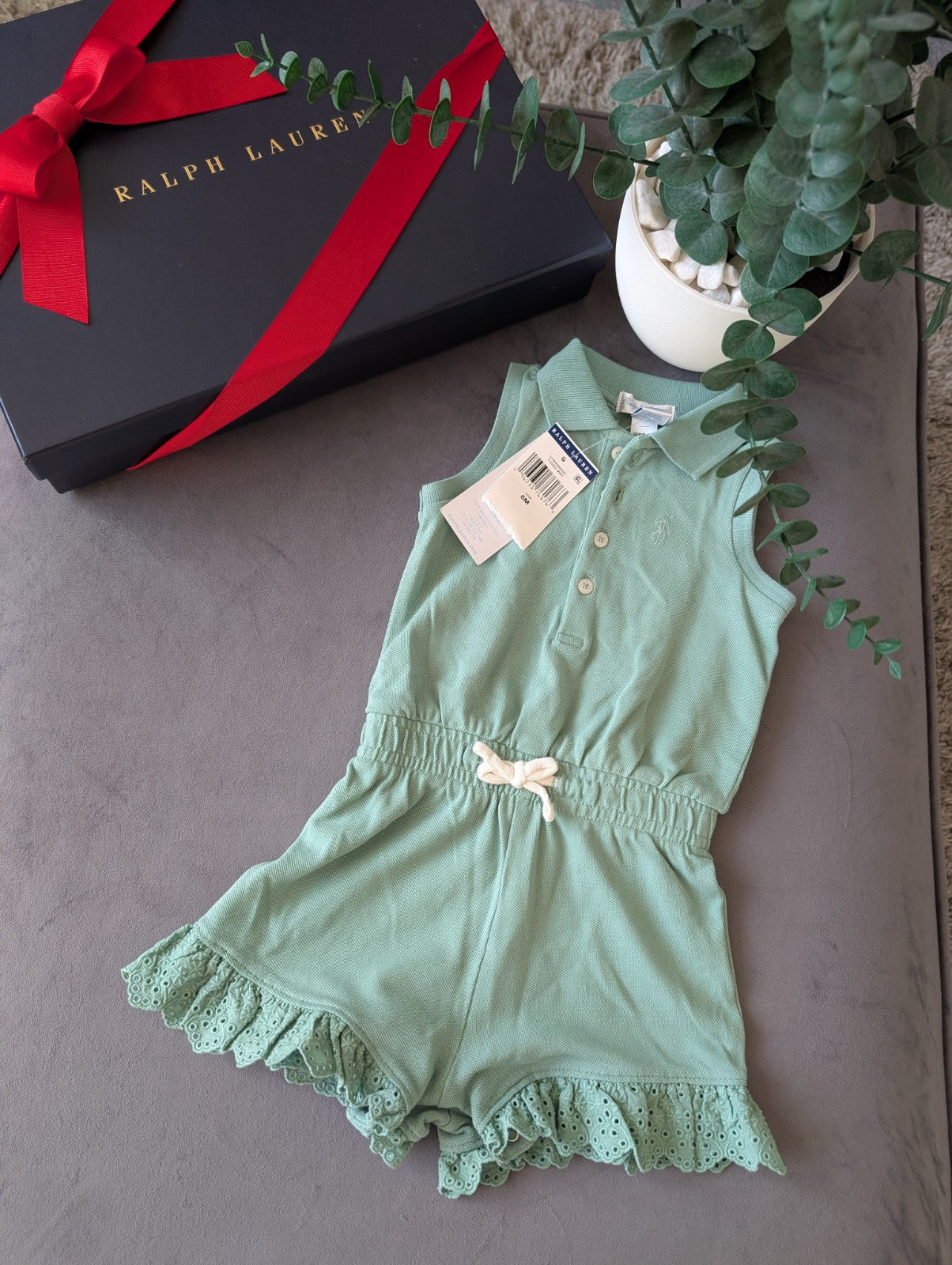 New Ralph Lauren Girls Green Frill Playsuit Gift Pretty 6-9m Summer Beach Gift