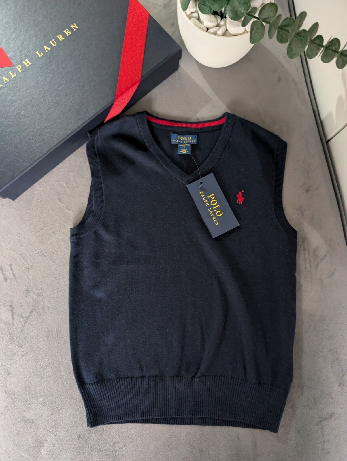 New Polo Ralph Lauren Navy Blue Cotton Sweater Jumper Vest Tank Top Size 7 Years