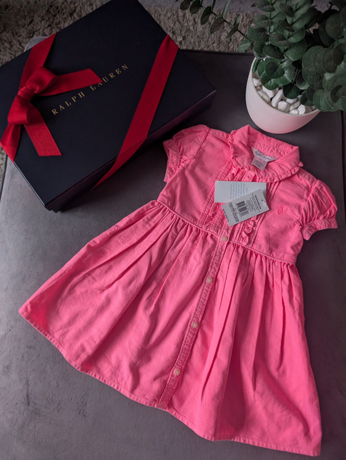 New Girls Polo Ralph Lauren Gorgeous Plain  Dress Oxford Neon Pink 12-18m Smart