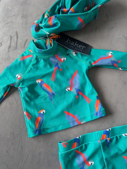 New Ted Baker Baby Boys Swimming Outfit Top Bottoms + Hat Parrot Newborn Cute