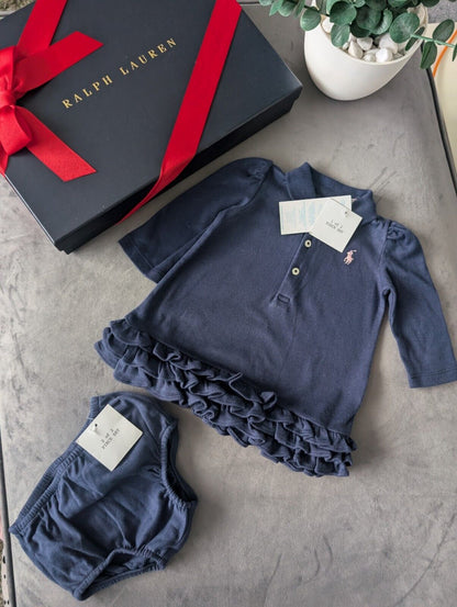 New Ralph Lauren navy long sleeve cupcake polo frill dress + bloomers 0-3m gift