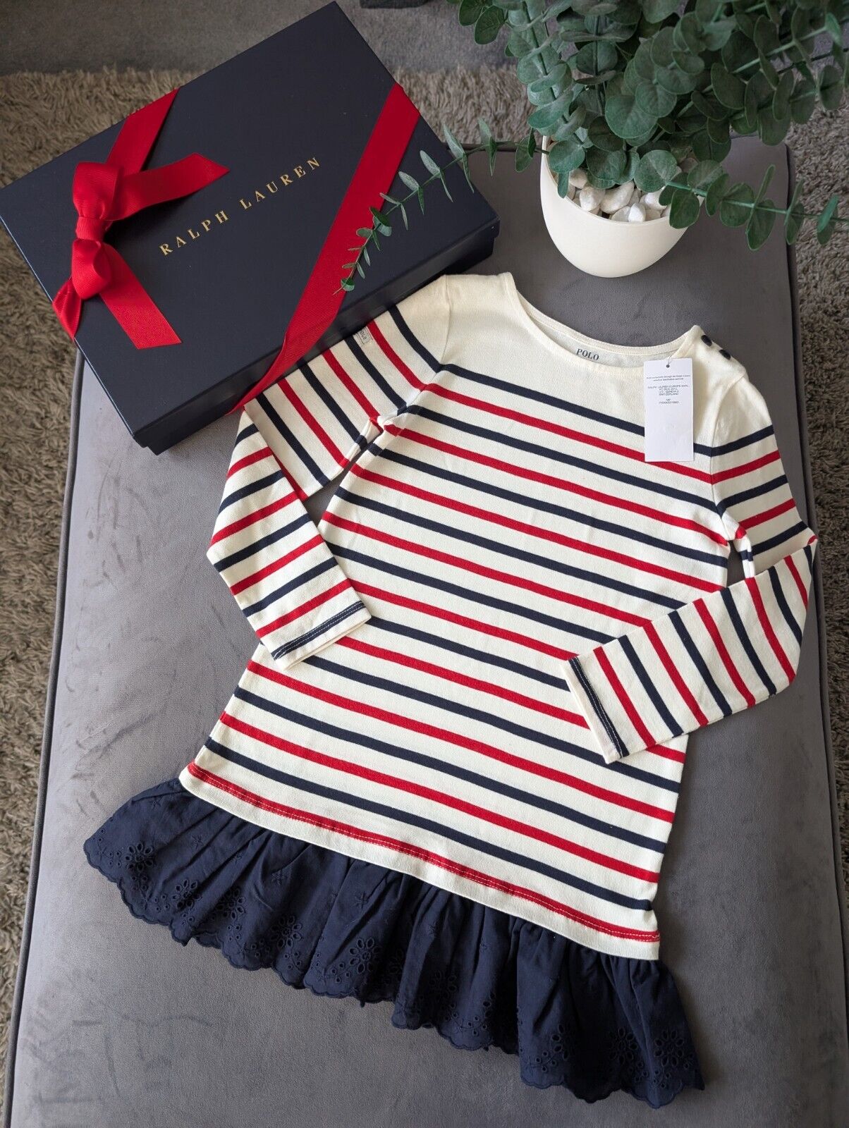 New Ralph Lauren Girls Stripe Navy Red Ivory Dress Embroidered Age 6 Thin Jumper