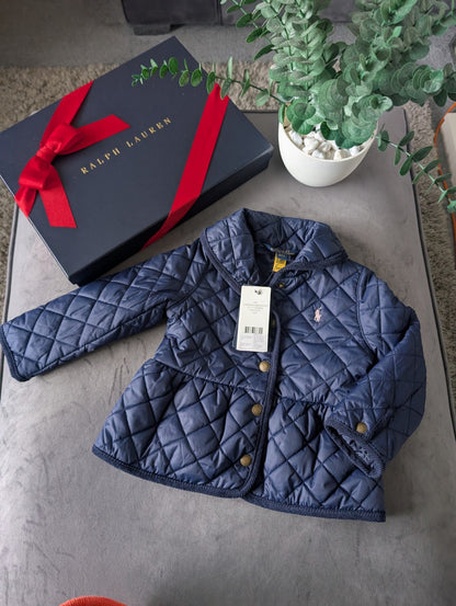 New Ralph Lauren Girls Quilted Coat Navy Blue Quilted Barn Jacket Age 2 RRP £159