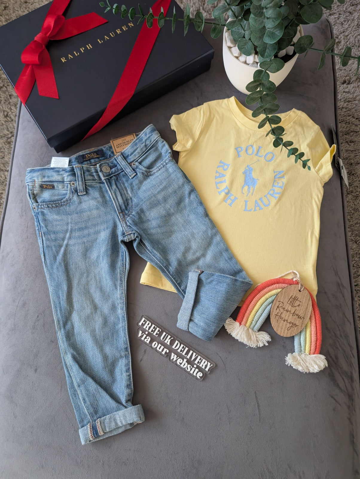 New Ralph Lauren Girls Yellow T Shirt + Blue Denim Boyfriend Jeans Summer 2yrs