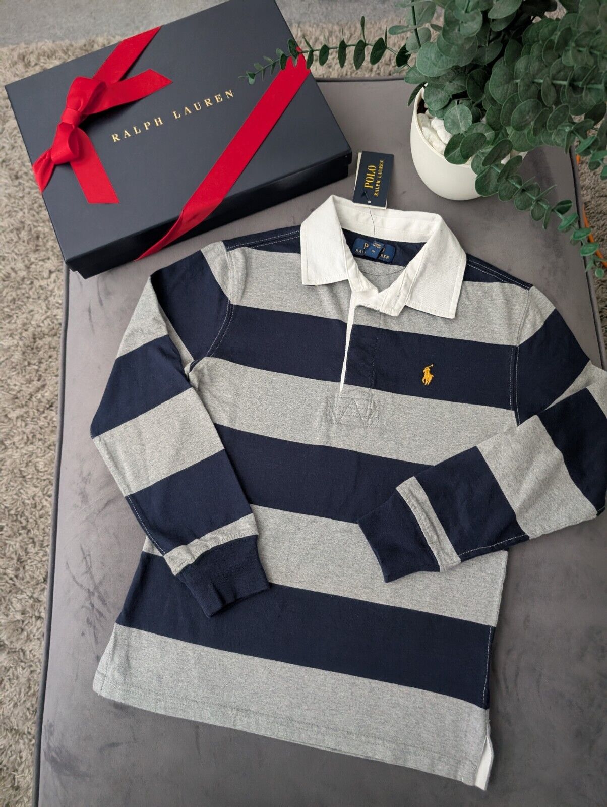 New Ralph Lauren Boys Rugby Style Stripe Long Sleeve Polo Grey Navy  8y Boys