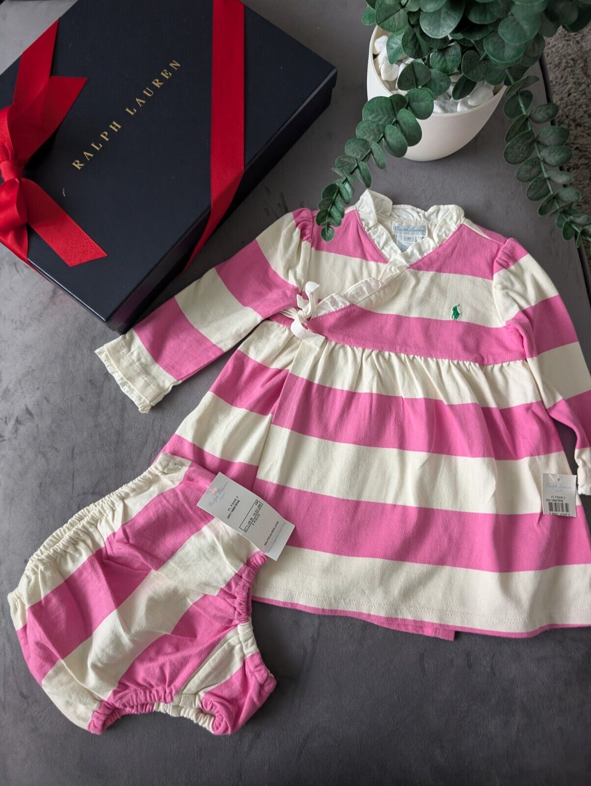 New Stunning Ralph Lauren Baby Girls Pink White Stripe Dress + Bloomer 6-9m Gift