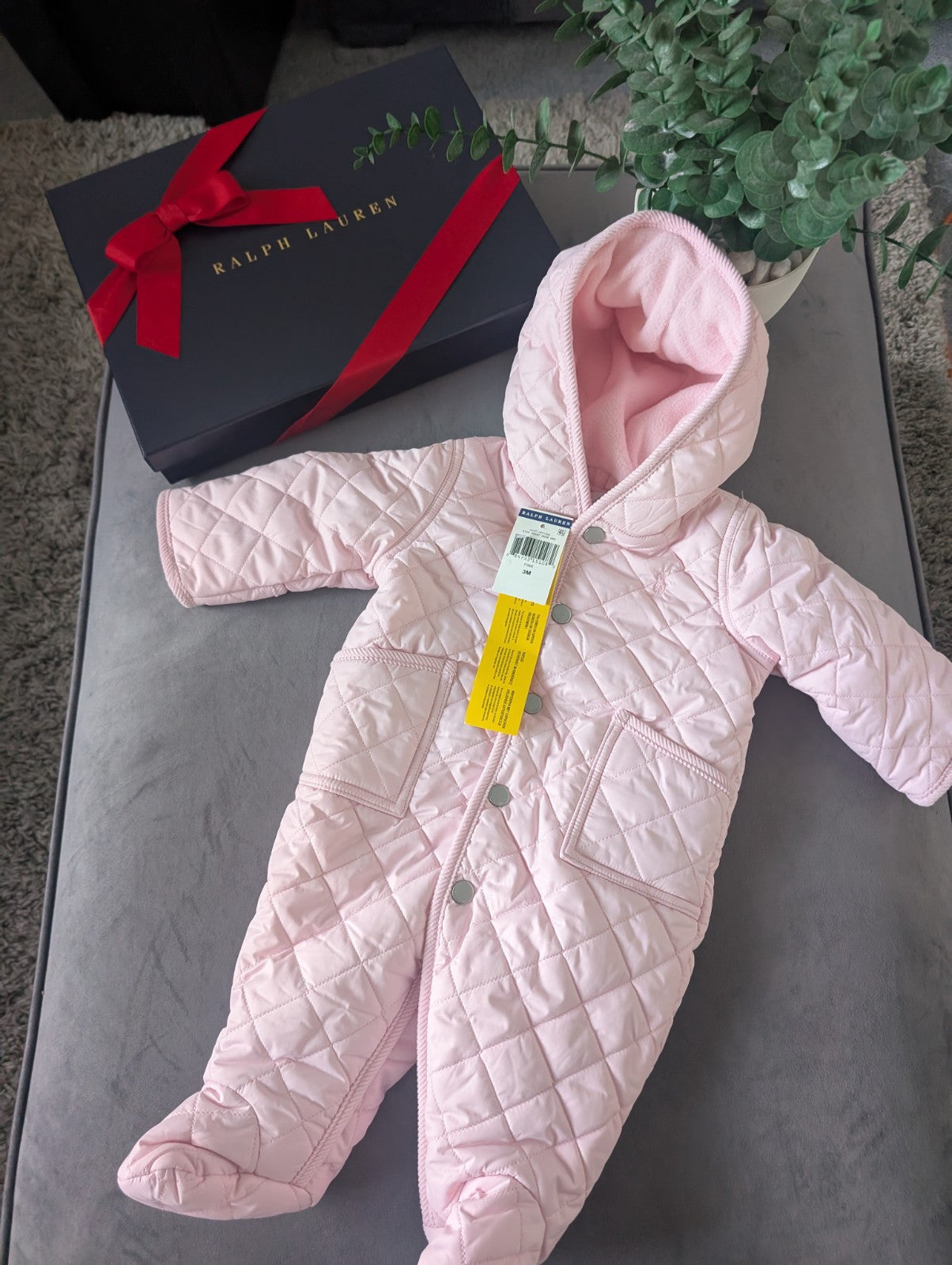 New ralph lauren Baby Pink quilted fleece lined pram suit snowsuit 0-3m Gift