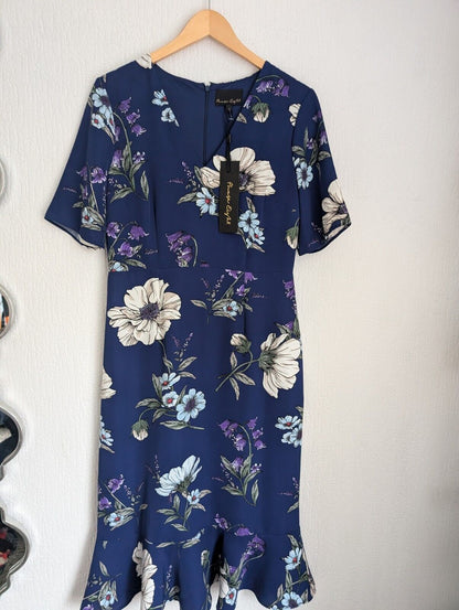 New Phase Eight Blue Cheryl Printed Short Sleeves Cocktail Midi Dress UK12  £120