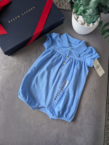 New Ralph Lauren Shortall Unisex Blue Bubble All In One Summer Blue Pony 6-9m