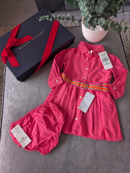 Ralph Lauren Polo girls buttoned Oxford Shirt dress Pink Belt Yellow 6-9m Gift