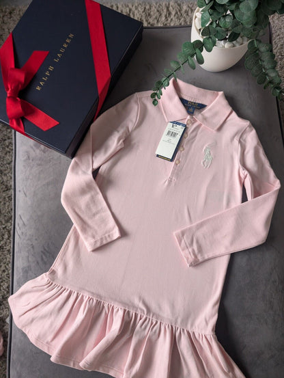 New Ralph Lauren girls Baby Pink Polo dress long sleeve frill age 6  gift