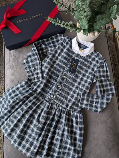 New Girls Polo Ralph Lauren Checked Plaid Dress Poplin Shirt Dress Cotton 6y New