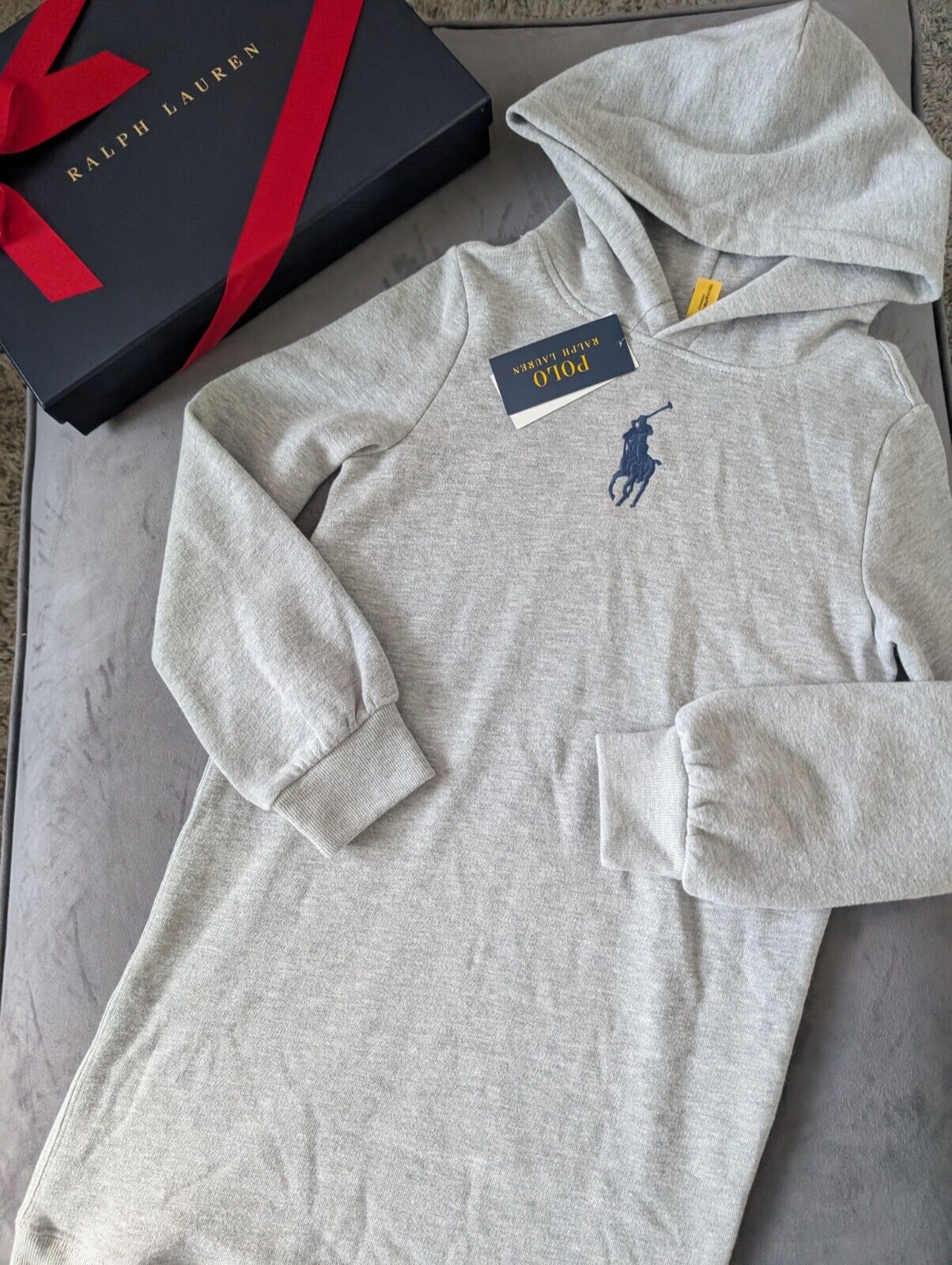 New Ralph Lauren Girls Hoodie Jumper Dress Polo Grey Logo Smart  8-10yr Gift