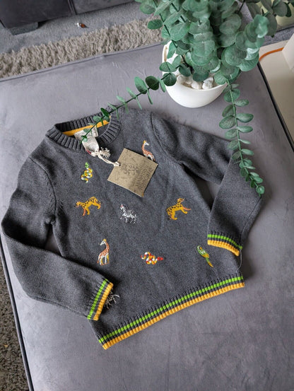 New Stunning Rorie Whelan Navy Boys Knit Jumper Lion Tiger Animal 3-4y Zoo Kids