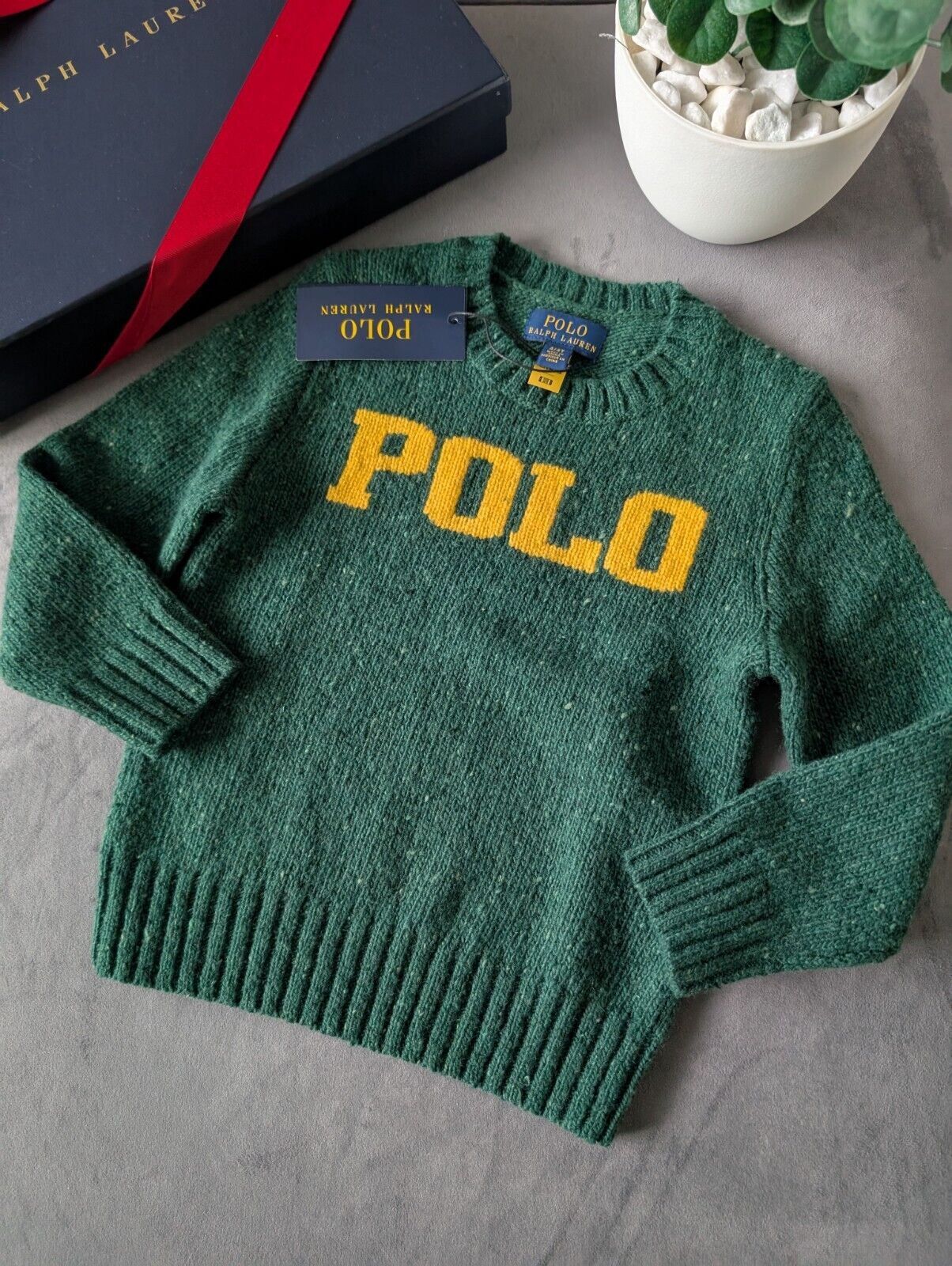 New boys polo Ralph Lauren Green Yellow Wool knit jumper logo polo Gift smart 4y