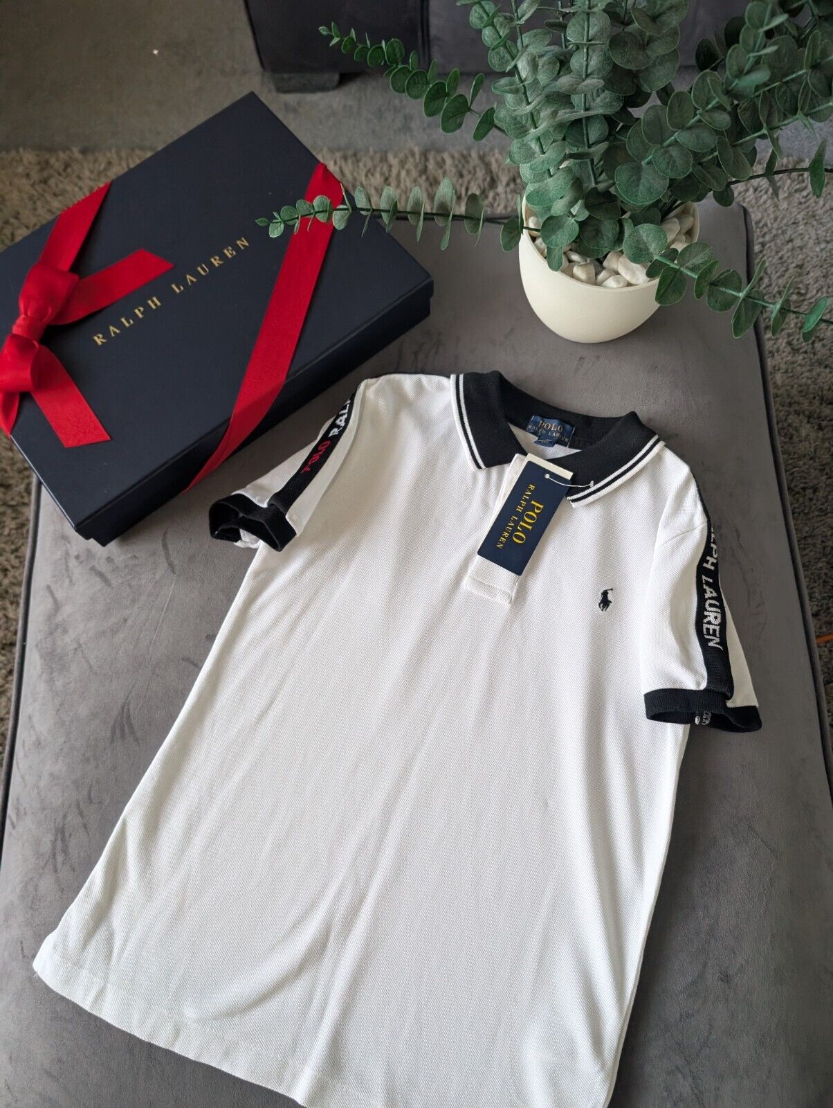 New Ralph Lauren Boys White Blue Stripe Polo T Shirt 7yr Smart Gift Casual