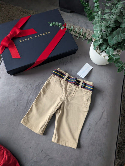 New Ralph Lauren Baby Boys Smart Chino Trousers Belted Gift Occasion 0-3m Beige