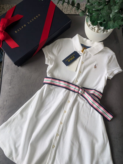 New Girls Polo Ralph Lauren White Polo Dress White Tennis Belted age 6-7yrs Gift