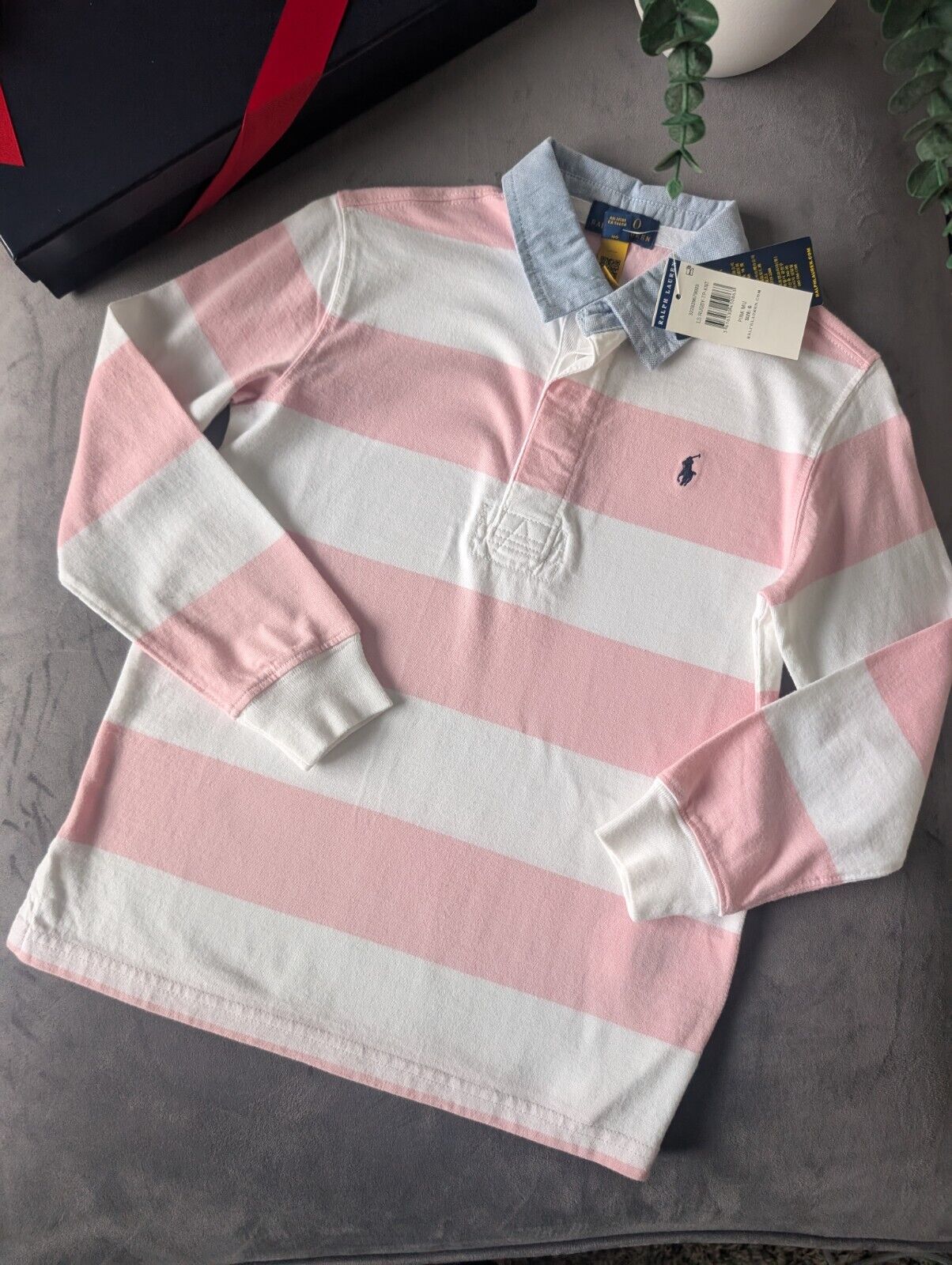 New Ralph Lauren Boys Iconic Pink White Stripe Long Sl Polo Shirt Smart Gift 6y