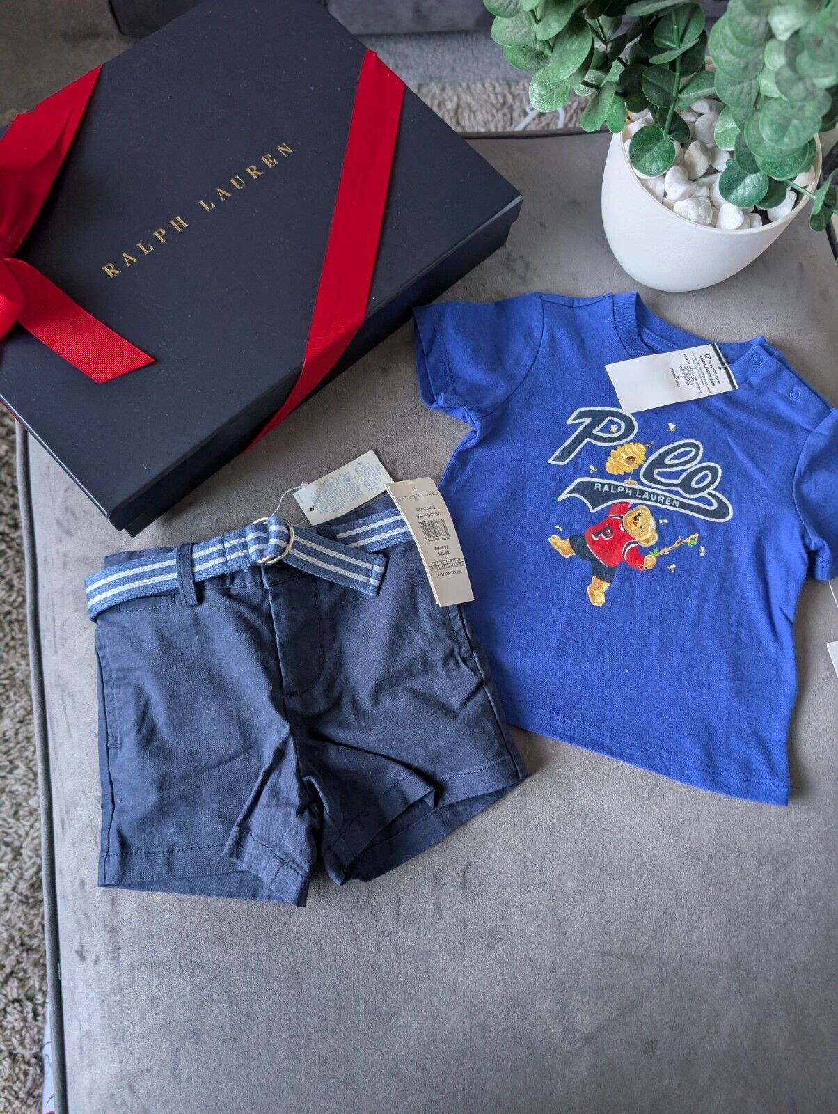 New adorable Ralph Lauren boys Bear Bee t Shirt + navy blue short set 6-9m gift