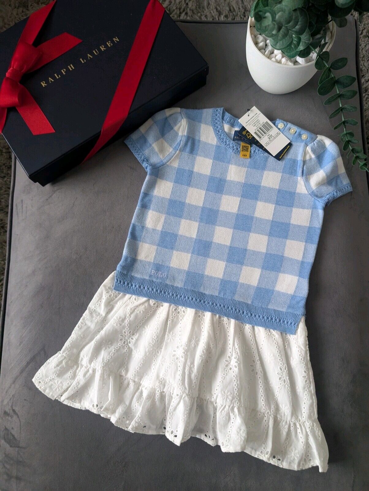 New Ralph Lauren Gorgeous Girls Tartan Jumper Dress Blue Embroidery Anglaise 3y