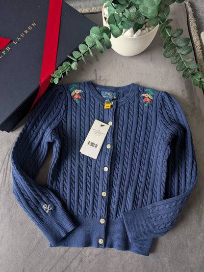 New Ralph Lauren Girls Knitted Cardigan 6 Years Gift Navy Floral Embroidery Cute