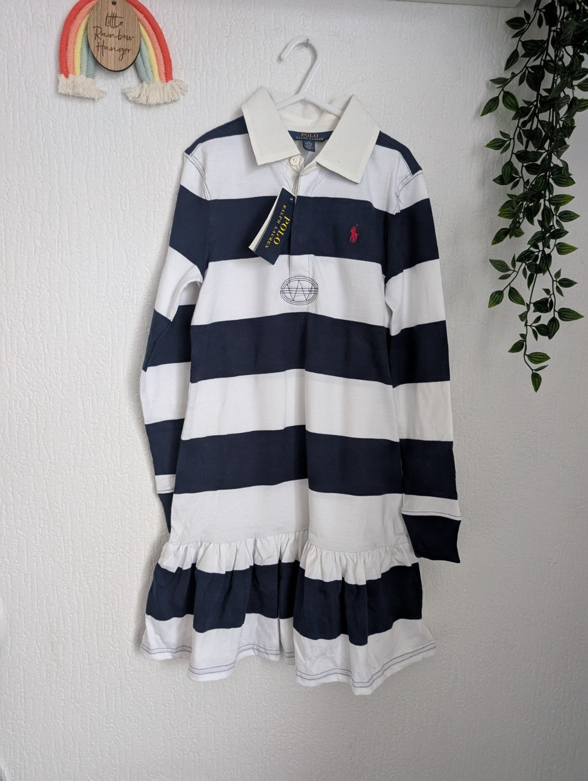 New Ralph Lauren Polo Rugby Style Stripe Dress Navy Blue Size Girls M 8-10 Gift