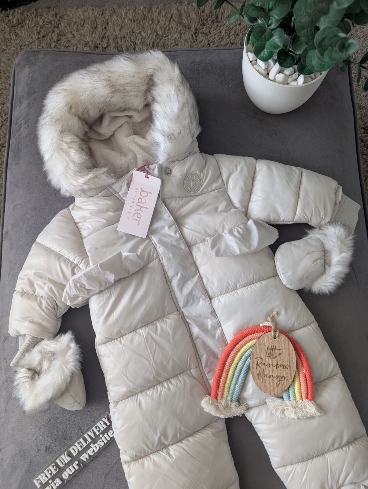 Ted Baker Silver Padded Ruffle Trim Snowsuit & Mittens Set Age 3-6mths BNWT £54