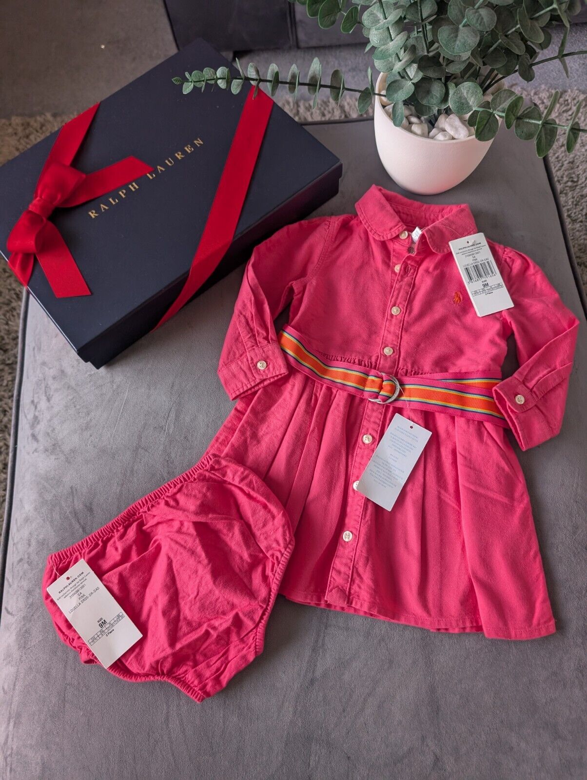 Ralph Lauren Polo girls buttoned Oxford Shirt dress Pink Belt Yellow 6-9m Gift