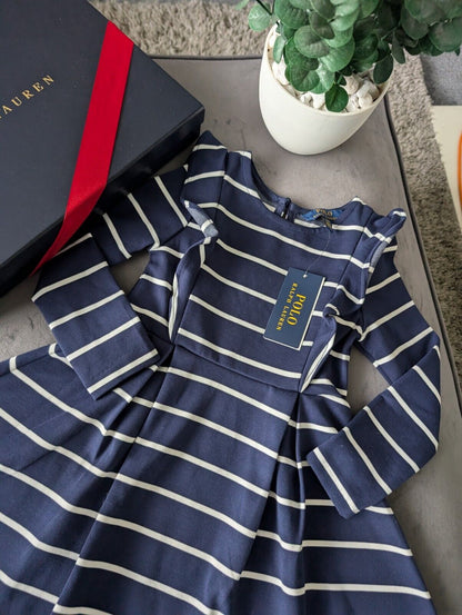 New Polo Ralph Lauren Girls Navy Striped Ruffled Ponte Dress Ruffle 4 Yrs