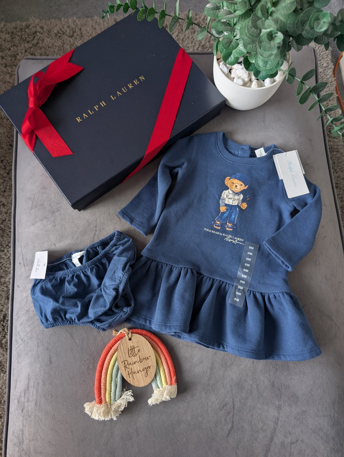 New Gorgeous Ralph Lauren Baby Girls Navy Bear Golf Dress Sweater + Bloomer 6m