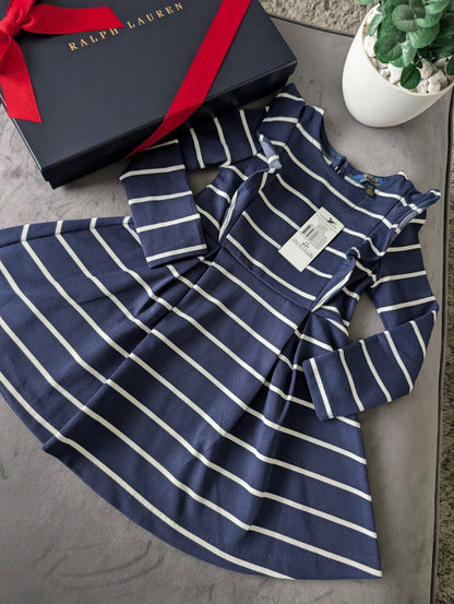 New Polo Ralph Lauren Girls Navy Striped Ruffled Ponte Dress Ruffle 4 Yrs