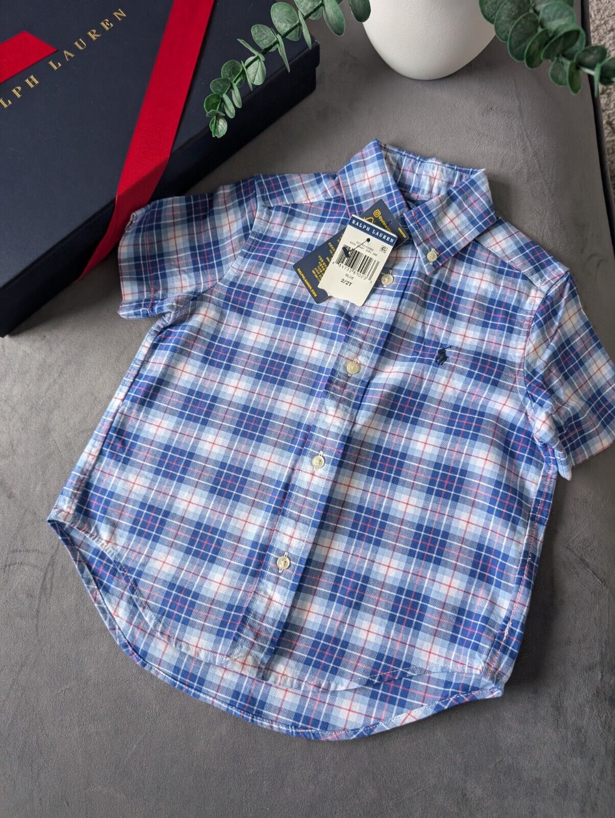 New Ralph Lauren Baby Boy Checked Shirt Smart Occasion Gift Age 18m Blue Short S