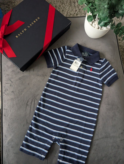 New Ralph Lauren Baby Boy Blue Navy Stripe Romper 12-18m Gift cute summer