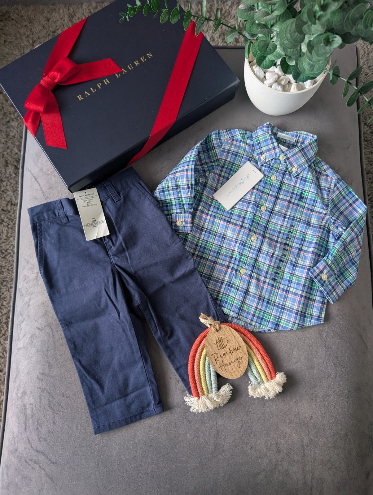 New adorable Ralph Lauren boys Polo Shirt Blue  + Chino Trousers Age 6-9m Gift