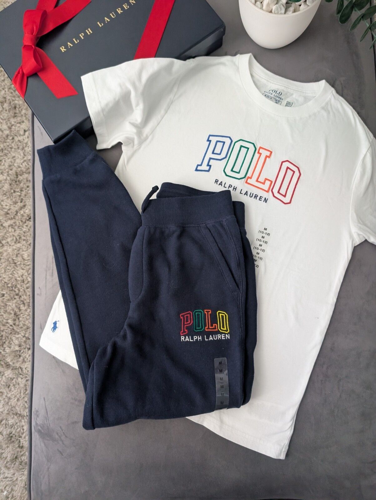 New Ralph Lauren Boys Kids Top + Jogger White Navy Embroided Logo Pony 10yr Gift