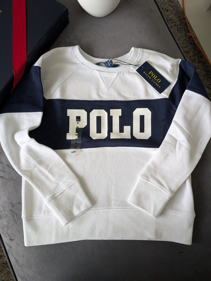 New Ralph Lauren Girls 8-10yrs Ivory  Fleece Pullover Jumper Navy White £89