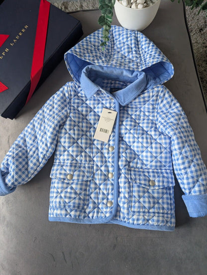 New Ralph Lauren Boys Gingham Coat Navy Blue Quilted Barn Jacket Age 4 RRP £159