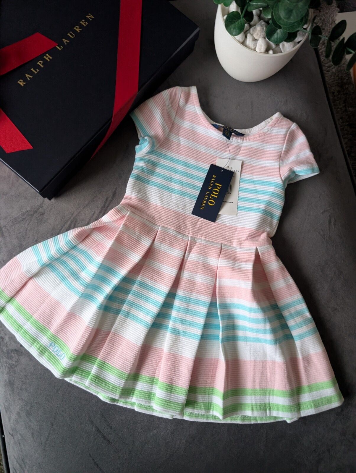 New Stunning Girls Ralph Lauren pastel Ribbed Stripe Dress Occasion Age 3 Gift