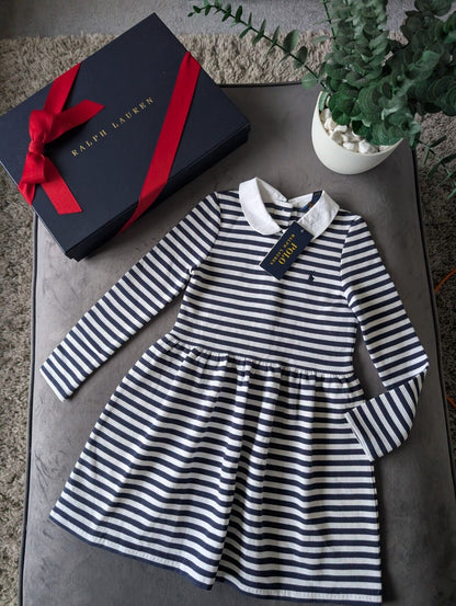 new polo Ralph Lauren French Navy/White Stripe dress Girls Age 5yr ribbed smart