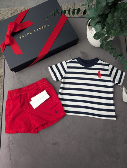 New adorable Ralph Lauren boys Stripe t Shirt + Red short set 3m gift Pony Logo