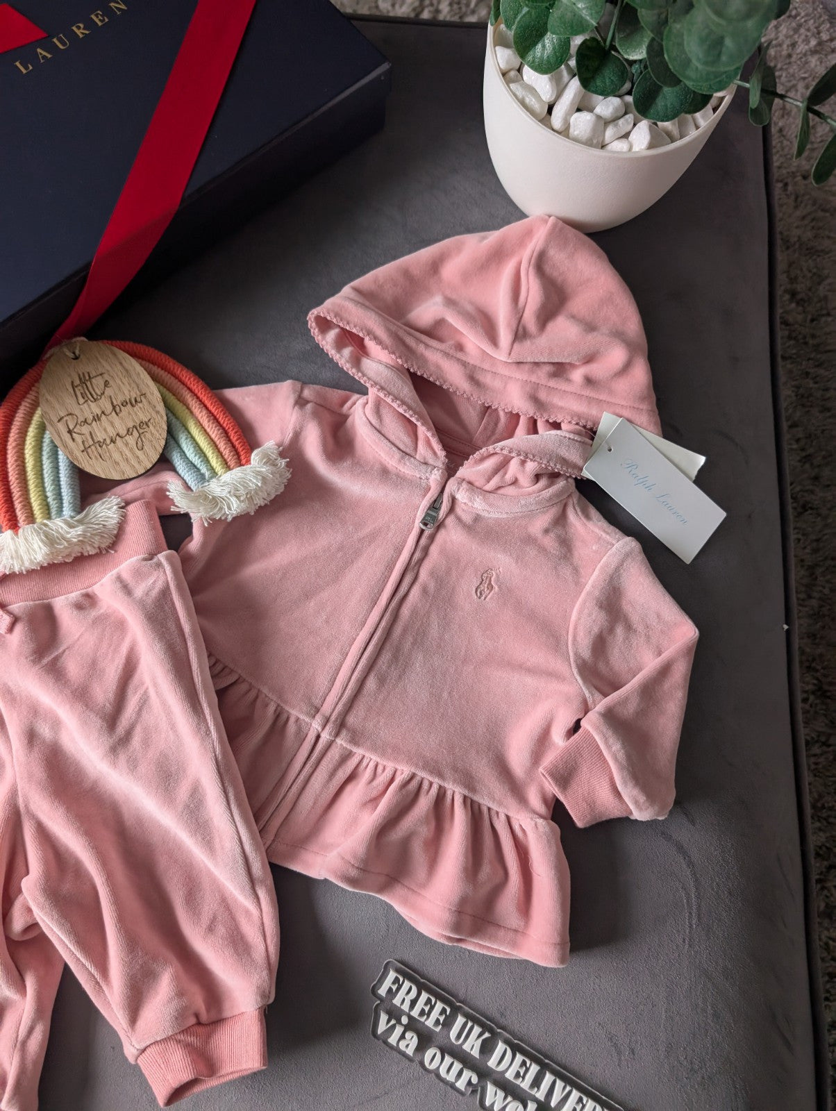 New Gorgeous Ralph Lauren Pink Scalloped Baby Girl Tracksuit 0-3m Gift Velvet