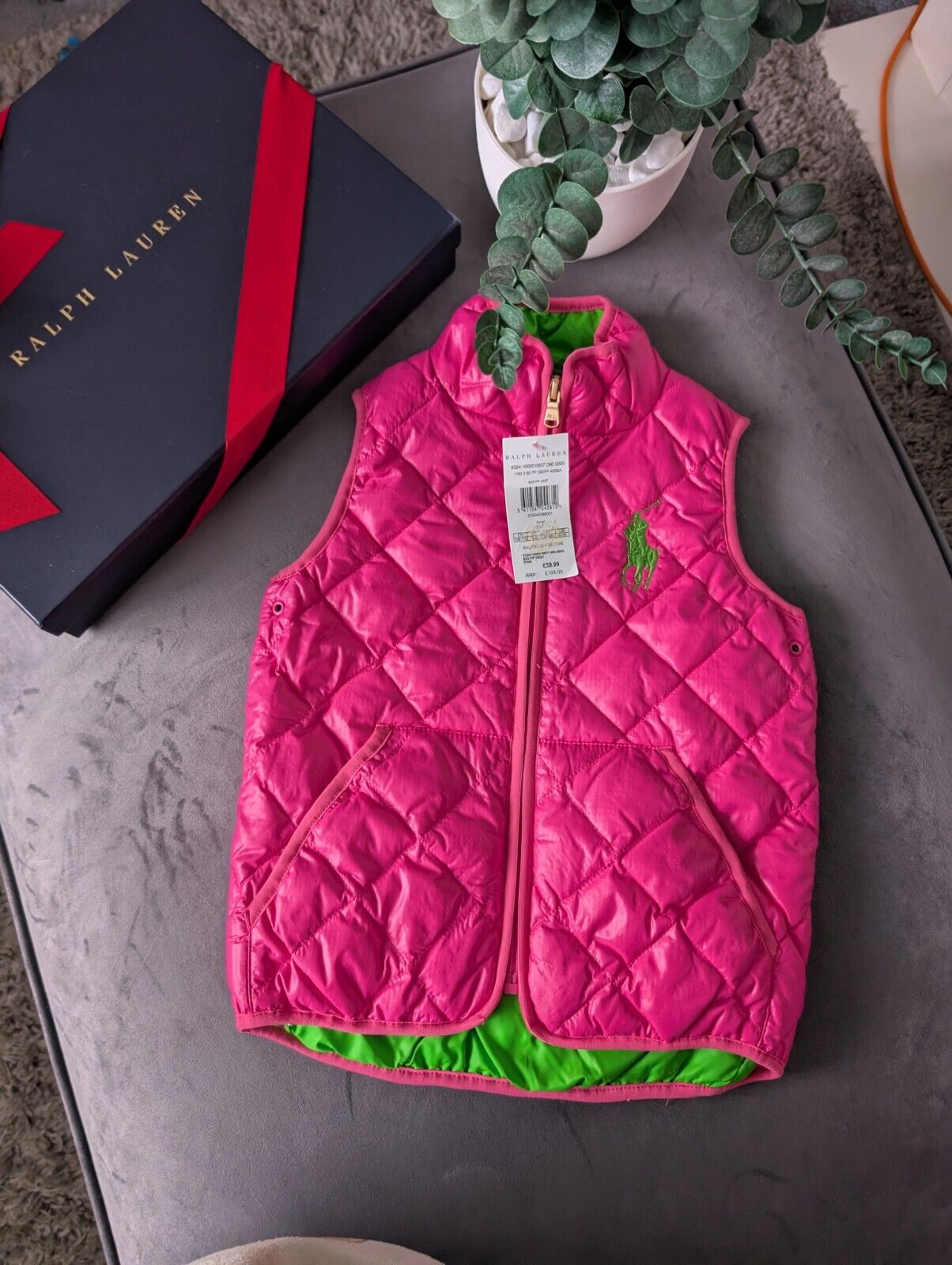 New Ralph Lauren Girls Bright Pink Green Quilted Gilet Bodywarmer Age 5 Gift