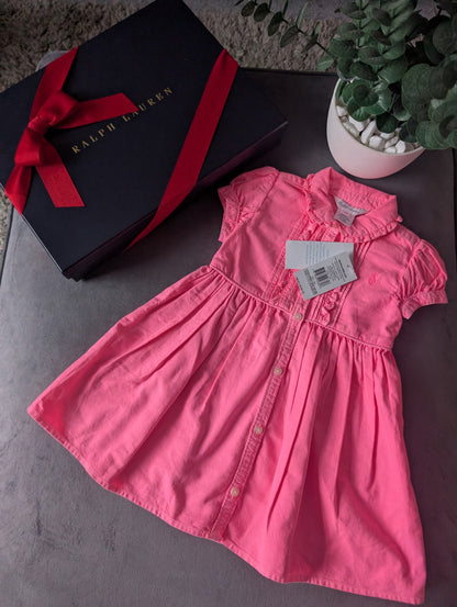 New Girls Polo Ralph Lauren Gorgeous Plain  Dress Oxford Neon Pink 12-18m Smart